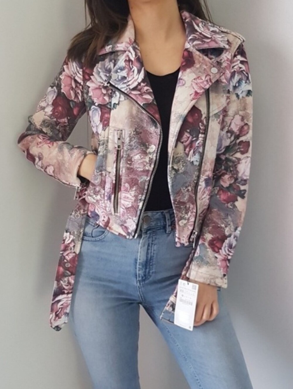 ZARA - Floral Faux Suede Moto Jacket